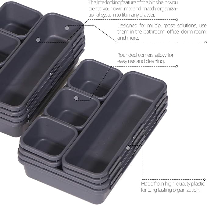 Set of 22 Interlocking Desk Drawer Organizer Tray Dividers Plastic Shallow Narrow Drawers Organizers Separators and Storage Bins Container for Kitchen Bathroom Makeup Office Vanity Bedroom Dresser