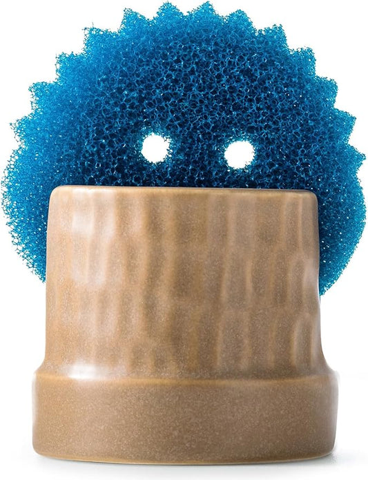 Zoeeker Sponge Holder for Kitchen Sink, Ceramic Sink Caddy Scrub Sponge Tray Dish Rack for Scrubbers, Kitchen Organizer, Brown