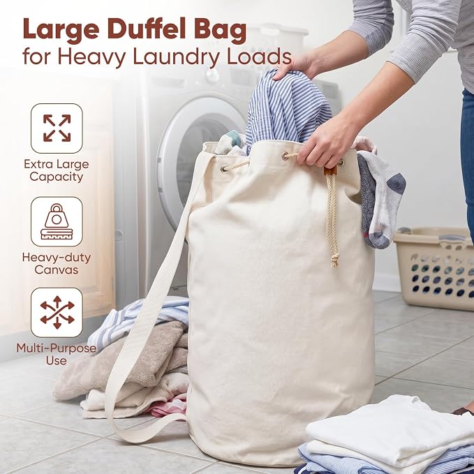 Handy Laundry Canvas Duffel Bag - Drawstring, Leather Closure, Shoulder Strap