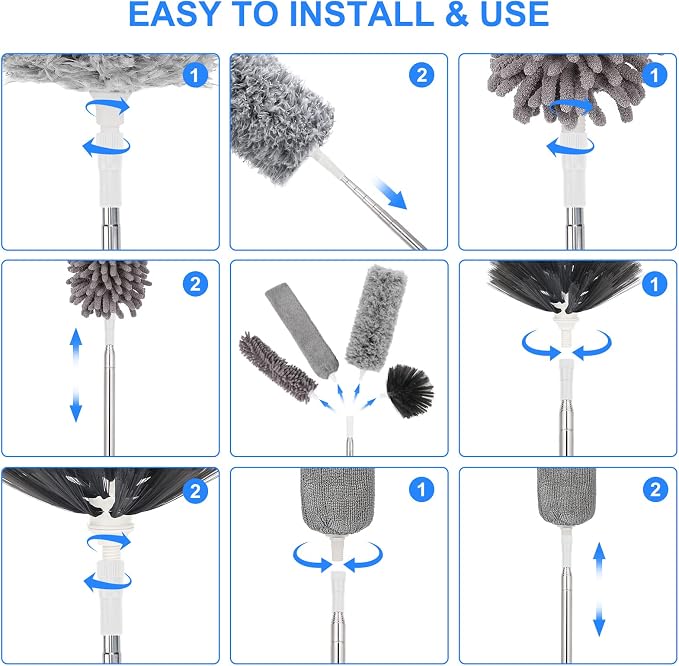 Duster with Extension Pole for Cleaning Ceiling Fans, High Ceilings, in Addition, Dusters for Cleaning Can Also Be Used for Low Places Cleaning, Such As Cabinets, Sofas, and Other Small Spaces.