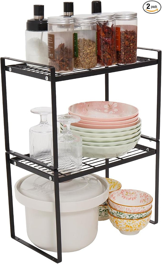 MiaLi Cabinet Organizer Shelf, Set of 2 Metal Counter Shelves Spice Rack, Stackable Kitchen Bathroom Organizers and Storage, Black