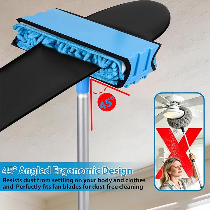 Ceiling Fan Cleaner Duster, 6Ft/72in Extension Aluminum Pole, Blue | 4 Reusable Chenille & Microfiber Mop, High Ceiling Fan Blade Cleaning Tool for Cleaning Walls Floor, Baseboard, Cobweb