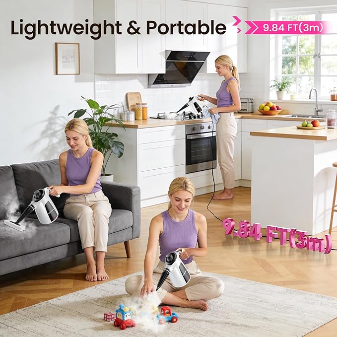 Steam Cleaner, Pressurized Handheld Multi-Surface Natural Steam Cleaner with 12pcs Accessory & Safety Lock, Portable Steamer for Cleaning Home, Kitchen, Bathroom, Car, Upholstery, Grout, Window