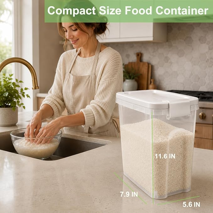 Tight-Lock Rice Container 10-15 Lbs - Airtight Flour Container with Scoop - Food-Grade Plastic Food Storage Container for Cereal, Sugar - Dry Food Dispenser for Kitchen, Pantry Organizers and Storage