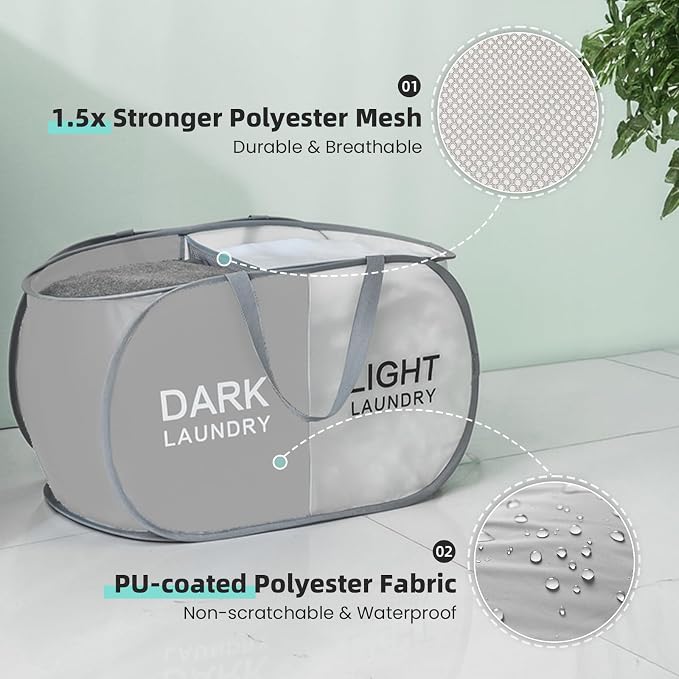 Collapsible Laundry Baskets with 2 Compartments, Black + Begie | 75L, Foldable, Pop up Hamper, Reinforced Durable Laundry Hamper for Home, Laundry, Bathroom, Dorm or Travel