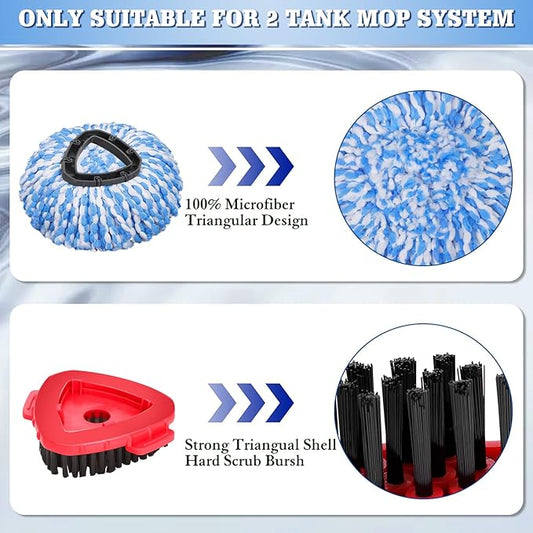 4 Pack Spin Mop Replacements Heads, Microfiber, Compatible with Oceda RinseClean 2-Tank System, Includes 1 Gray Mop Scrub Brush, 1 Mop Base, 4 Easy Cleaning Mop Heads, Blue Color