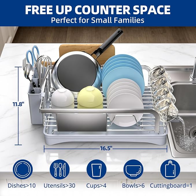 Godboat Dish Drying Rack -304 Stainless Steel Dish Rack for Kitchen Counter | Dish Drainer with Cutlery Knife Fork & Cup Rack, Auto-Drain to Sink, Gift for Wife Mothers Her, Home & Family Gadgets, Silver