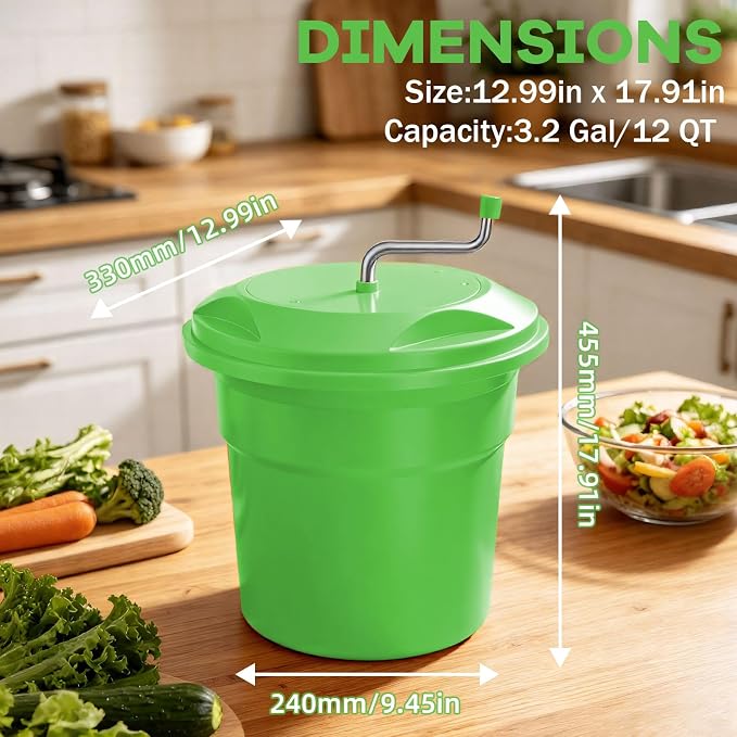 3.2 Gallon Commercial Salad Spinner, Heavy Duty Salad Dryer with Draining Hose, 12Qt Manual Lettuce Dryer for Washing, Spinning & Draining, Holds 4 Heads of Lettuce for Restaurant Kitchen Prep