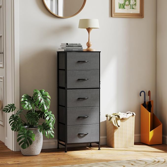 Sweetcrispy 5 Storage Drawer Bedroom Dresser, Tall Dresser for Organizer | Chest of 5 Drawers for Home Storage, Narrow Nightstand, Durable Clothes Oragnizer, Sturdy Frame and Wooden Top, Gray