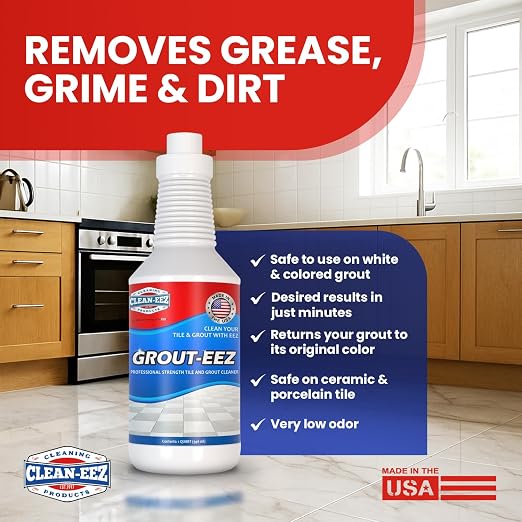 Clean-eez Grout-eez Tile Cleaner with Stand-Up Brush Head – Heavy-Duty Stain Remover for Ceramic and Porcelain Floors – Safe for Colored Grout – Not for Natural Stone – Pole Not Included - 32 oz