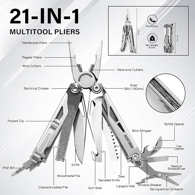 EDC Multitool, 21-in-1 Multi Tool Pliers with Safety Locking | Heavy-duty Stainless Steel, Seat Belt Cutter-Men's Gift Set with Nylon Sheath for DIY, Home, Garden & Outdoors, Satin Finish