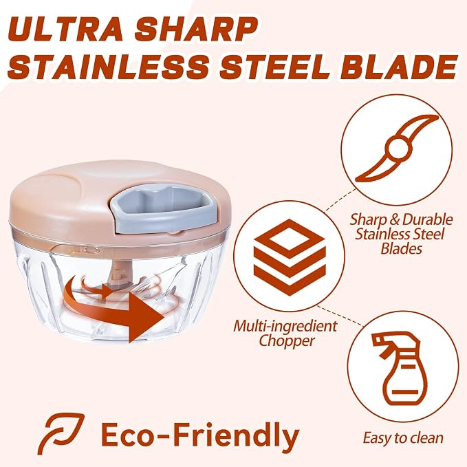 ‌Manual Food Processor Vegetable Chopper, Portable Hand Pull String Garlic Mincer Onion Cutter for Veggies, Suitable for Vegetables, Ginger, Garlic, Fruits, Onion, Potato, Salad (Pink 500 ml)‌