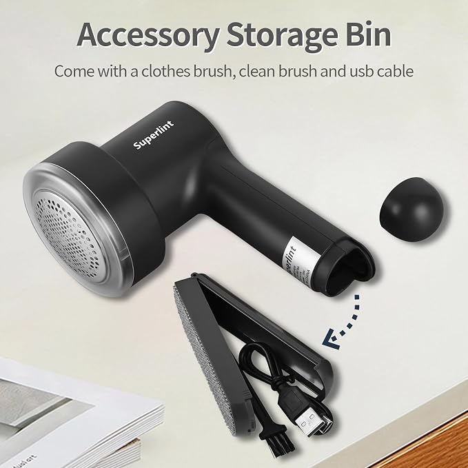 SuperLint 2-in-1 Rechargeable Fabric Shaver LED 3-Speed Lint Remover Black | Electrostatic Brush,2000mAh Battery,USB C Rechargeable,2-3H Long Runtime,auto-stop safety,6-Leaf Blade,2 replacement blades