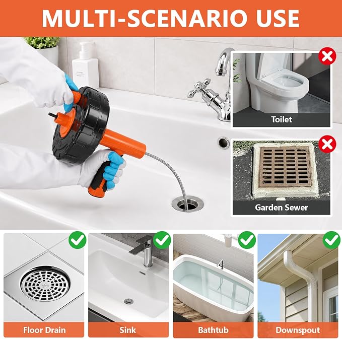 Drain Snake 8Set-33Ft Drain Clog Remover,34inch Heavy Duty Plumbing Snake,20inch Hair Clog Remover,18inch Cleaning Brush,Goggles and Gloves for Bathtub,Toilet,Sewer,Kitchen Sink,Drainage Pipe