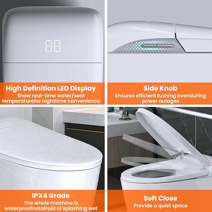 Smart Bidet Toilet with Tank, One Piece Elongated Heated Toilet with Auto Open/Close Lid, Foam Shield, Auto Flush, Foot Sensor, Self-Cleaning Nozzle, Anti-Splash Water-Saving Modern Bathroom Toilet