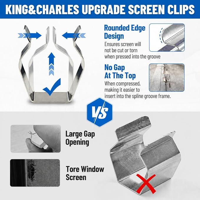 King&Charles Window Screen Replacement, 6in1 Window Screen Door Repair Kit | 59"x106" Black Screen Mesh, Steel/Nylon Bearing Roller, 0.14in x 50ft Spline, 8 Clips & Hook for Windows, Doors, Patio & RV