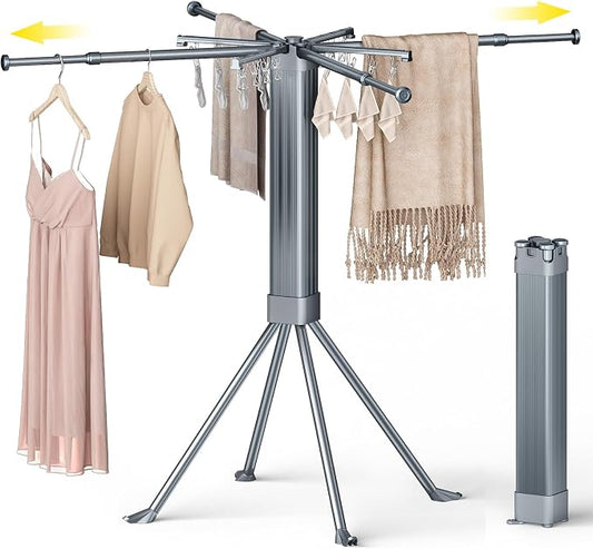 BIREN Clothes Drying Rack Foldable Extending Laundry Rack with 16 Clips Collapsible Clothing Rack Space-Saving Clothing Racks for Hanging Clothes, Indoor, Camping, Balcony, Outdoor
