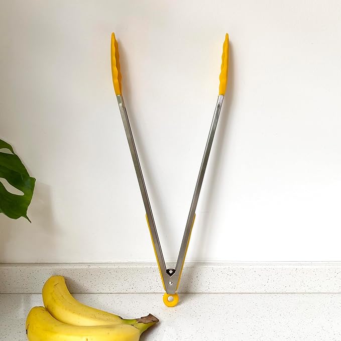 18 inch Extra Long Grill Tongs (1 orange + 1 yellow), with Silicone Tip Head, Stainless Steel Barbecue Tongs with Long Handle, Large Sized Food Tong