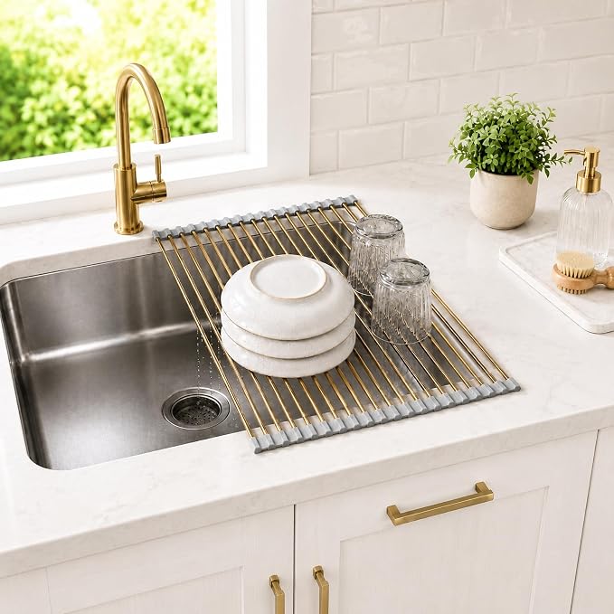 Gold Roll Up Dish Drying Rack Over Sink, Foldable Stainless Steel Drainer Non-Slip Sink Drying Rack Sink Accessories for Kitchen Countertop (17.8×11.8in)