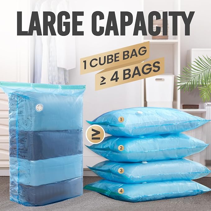 TAILI 8 Pack Vacuum Storage Bags, Jumbo Cube (31x40x15 Inch), Extra Large Vacuum Seal Bags for Clothing, Comforters, Blankets, Bedding, Sweater, No Pump Compression Cube, Blue