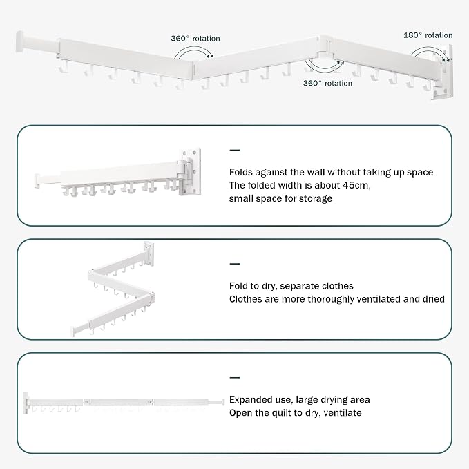LIENAHU Wall Mounted Clothes Drying Rack, Collapsible, Folding, Retractable - Clothes Hanging Rack (Hooks, White)