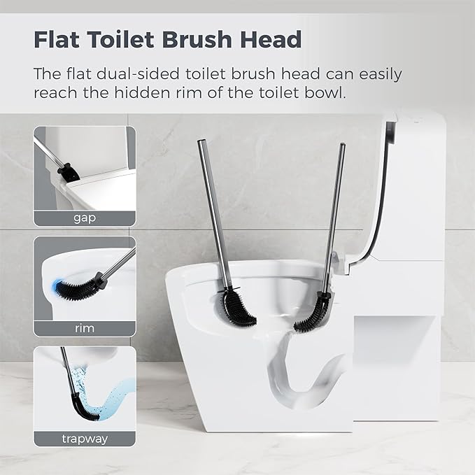 Sineng Silicone Toilet Brush and Holder Set, Stainless Steel Toilet Cleaning Brush, One-Piece Long Handle, Flexible Compact Modern RV Toilet Bowl Brush for Bathroom, 2Pack