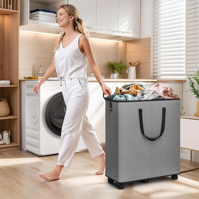 SpaceTrove Rolling Laundry Basket with Wheels, Laundry Hamper, 136L, Grey | Collapsible, 6 detachable wheels including 2 with brakes, sturdy handle, metal frame, for dorms, bathrooms and bedrooms