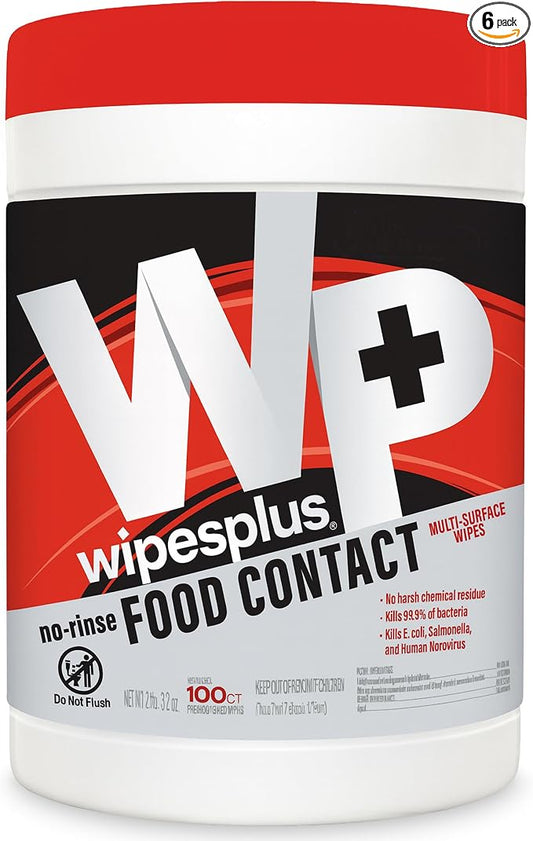 WIPESPLUS Cleaning Wipes All Purpose Food Contact - No Rinse, No Residue, Quick Dry Formula, Disinfecting Wipes For Restaurants, Foodservice, Schools - Canister, 100 Count, (Pack of 6)