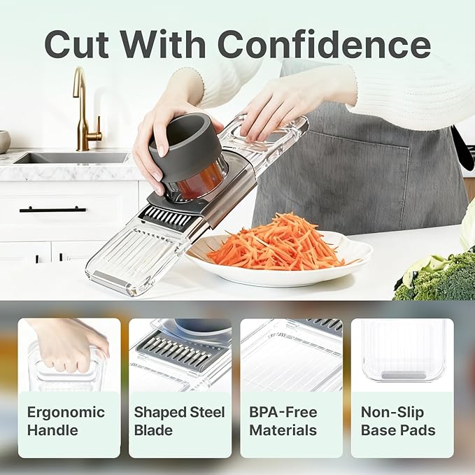 ZKIRON Mandoline Slicer for Kitchen, 6-in-1 Multifunctional Handheld Vegetable Cutter with Transparent Body & Safety Guard, Potato Slicer Cucumber Julienne Shredder, Compact Salad Prep Gadget