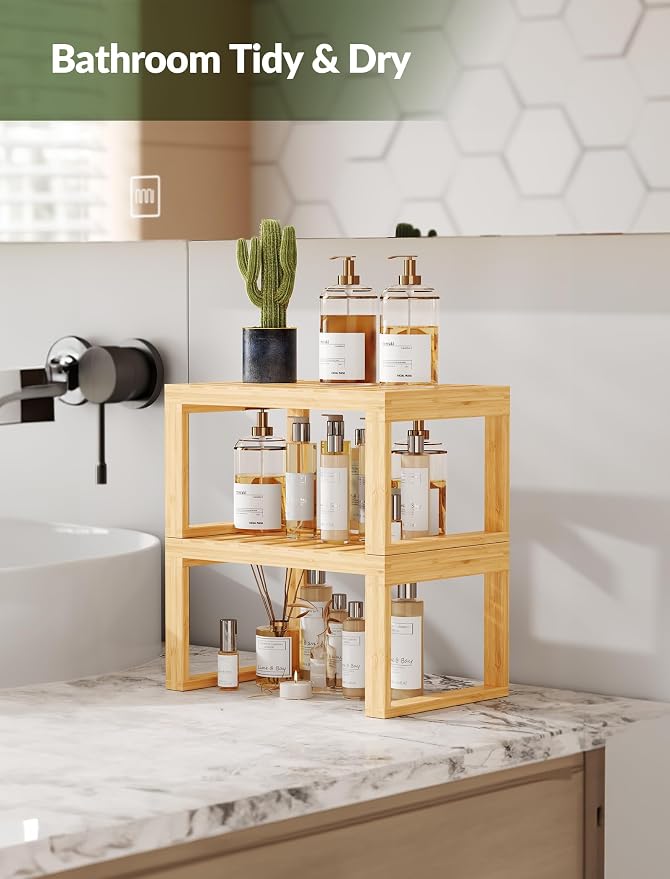 Tomorotec Bamboo Cabinet Organizer Shelf, 2 Pack Stackable Kitchen Counter | Slatted Drainage Top Prevents Water Buildup For Wet Dishes and Bathroom Use Eco Friendly Material Easy Assembly