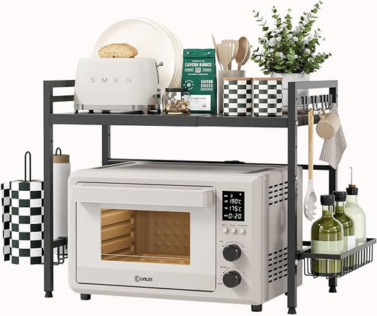 NETEL 2 Tier Expandable Microwave Stand countertop,Microwave Oven Rack | microwave shelf, storage shelf for pans &appliances,with Paper Towel Holder and Baskets，8 Hooks,55lbs max load,Black