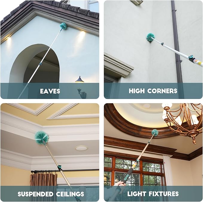 TelesPro 20 Feet High Reach Cobweb Duster with 5-12Ft Extension Pole, Webster Cobweb Duster with 3-Stage Telescopic Aluminum Pole, Spider Web Brush for Outdoor & Indoor Cleaning - Soft Bristles.