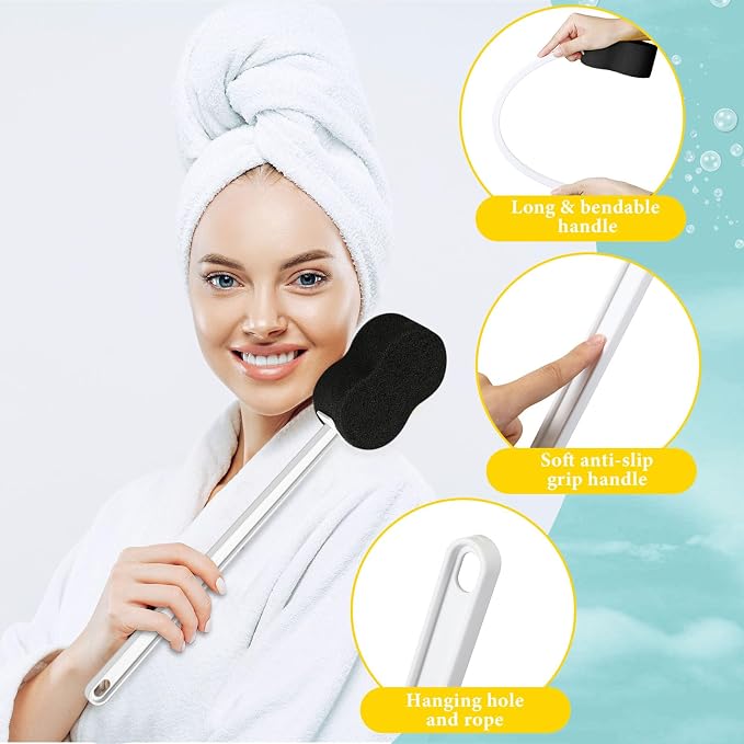 3 Pcs Long Handle Bath Sponge 22.4'' Back Sponge on a Stick Lightweight Back Washer Handled Butt Scrubber Shower Brush for Foot Body Cleaning Bathing Limited Motion (Black)