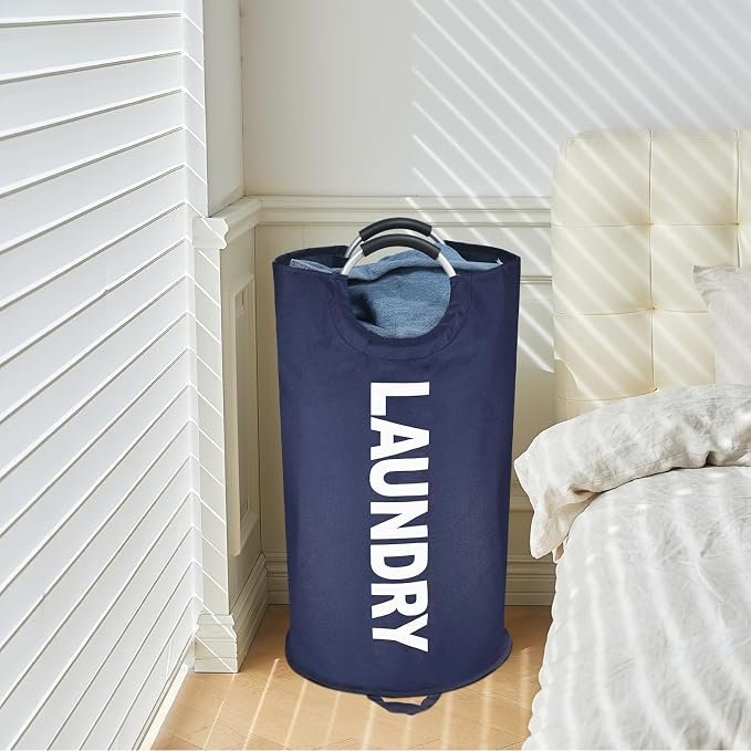 Maxsilan 90L Large Laundry Basket Bag, Collapsible Tall Hamper, Dark Blue | Freestanding tall laundry bag & foldable washing basket. Large capacity clothes storage bin with durable sturdy handles