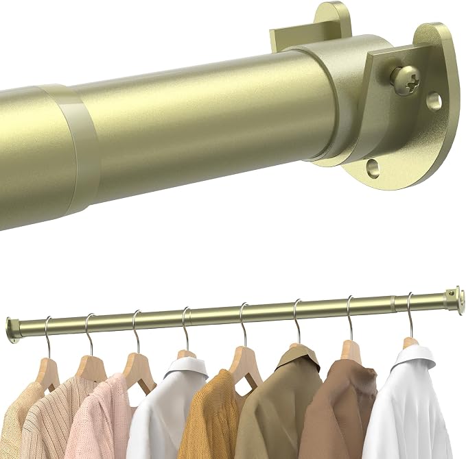 Supforce Closet Rods for Hanging Clothes, 17 to 28 Inches Stepless Adjustable Metal Closet Rod, 1.3 Inches Heavy Duty Clothes Hanging Rod for Closet Wardrobes Laundry RV, Verdant Gold