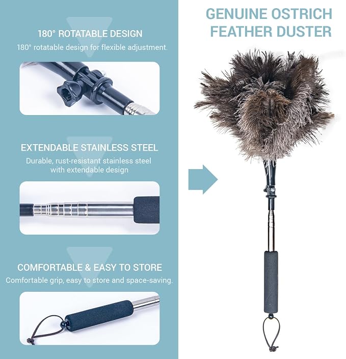 Feather Duster Extendable 22–47 Inch, Natural Ostrich Feather Duster with Long Handle for High Ceilings, Ceiling Fans, Walls，Furniture(Brown)