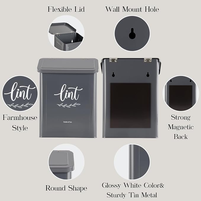 Perfnique Magnetic Lint Bin for Laundry Room with Lint Brush, Wall Mounted Lint Holder Trash can with lid for Dryer, Modern Farmhouse Rustic Metal Laundry Room Storage Organization and Decor(Gray)