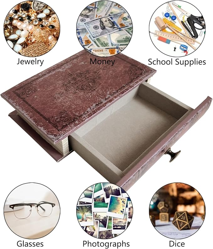 Book Storage Box with Drawer, Distressed Reddish Brown Faux Leather Cover with Classic Damask Pattern, Hidden Vintage-Style Organizer for Jewelry or Keepsakes, 7″ x 5″ x 1.6″