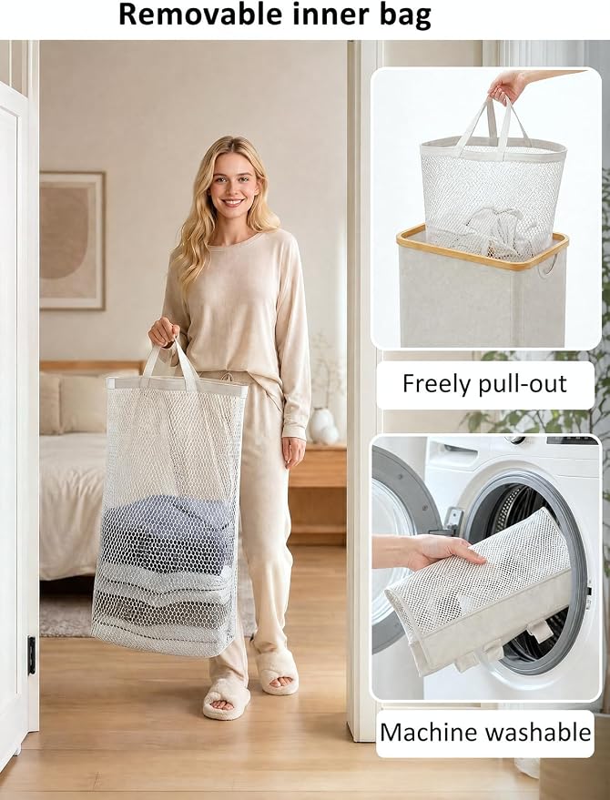 IEGrow Laundry Hamper with Lid,110L Laundry Basket with Bag,Light Grey | Dirty Clothes Hamper Basket with Bamboo Handle for Clothes Towels Organization