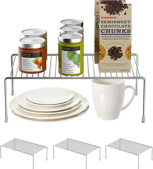 Redrubbit 4 Pack Medium (13 x 9.4 Inch) Cabinet Storage Shelf Rack, Rustproof Metal Kitchen Counter and Cabinet Shelf, Storage Rack Organizer for Kitchen, Fridge, Cabinet, Bathroom, Chrome