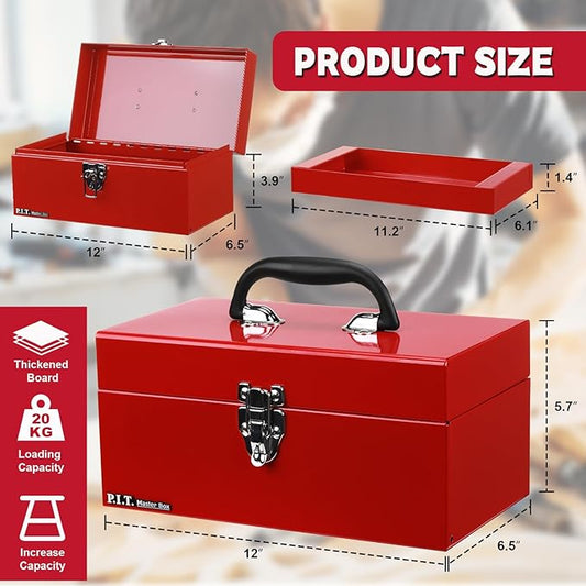 P.I.T. 12 Inch Tool Box,Portable Small Steel ToolBox with Metal Latch Closure for Household, Warehouse,Tools Storage,Red
