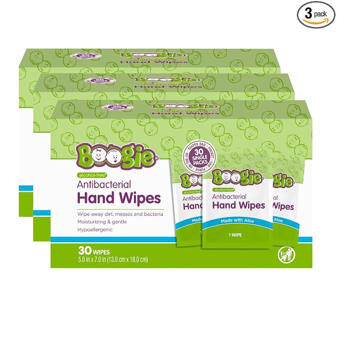 Boogie Antibacterial Hand Wipes - 90 Count - Hypoallergenic & Alcohol-Free - Individually Wrapped - Travel and Diaper Bag Essential