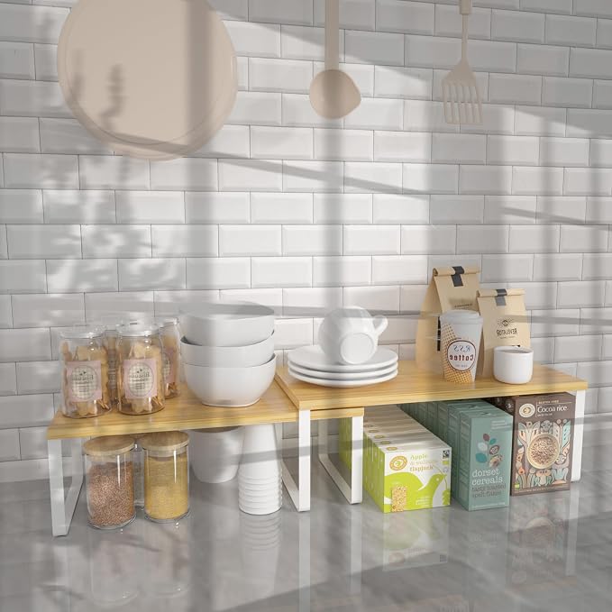 NEX Kitchen Cabinet and Counter Shelf Organizer, Stackable & Expandable, Set of 4, White and Natural - 7.7 x 15.6 x 6.2'' | Stackable Expandable Spice Rack, Pantry Organizers Space-Saving, Bathroom Countertop Storage, White and Natural