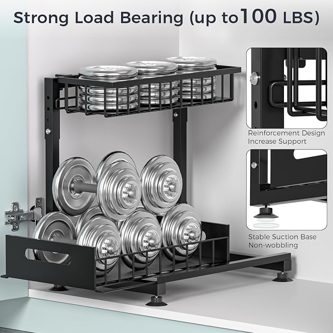 Saydear 2-Pack L-Shaped Under Sink Organizer, 2-Tier Pull-out Cabinet Rack | Black Height-Adjustable Steel Rack, Sliding Grid Drawers with PP Liners, Holds 100 Lbs, Suction Base, Ideal Kitchen Storage