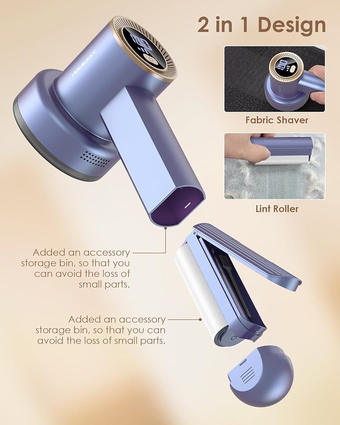 HOMEASY Fabric Shaver, Rechargeable Lint Remover for Clothes Purple | Electric sweater shaver and depiller with 70mm head, 6-leaf blades, LED battery display and Type-C charging for Furniture