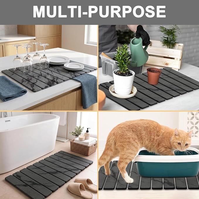 Large Stone Dish Drying Mat for Kitchen Counter, Quick Dry Stones Dishes Mats, Foldable Water Absorbing Diatomaceous Earth Drying Pad for Plate Rack Bottles Utensils (Dark Gray 24"×16" & 8"x4")