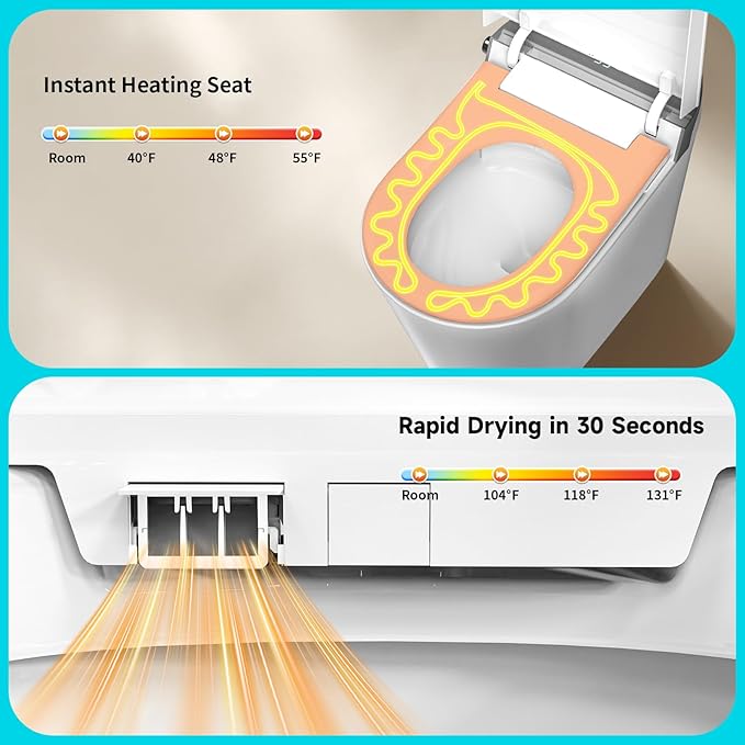 Smart Toilet with Bidet Built in, Elongated One Piece Bidet Toilet with Auto Open/Close Lid, Powerful Auto Flush, Heated Seat, Instant Warm Water, Dryer, Foam Shield, Deodorization, Night Light