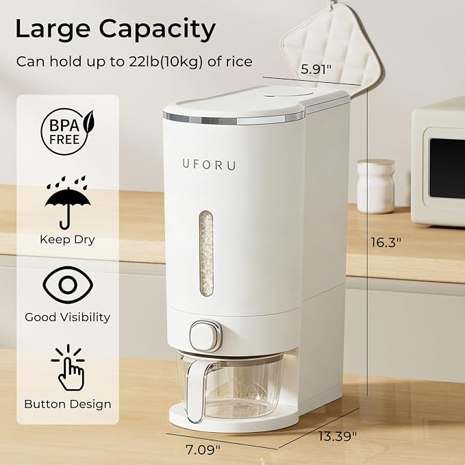 UFORU Rice Dispenser,23-25 Lb Rice Storage Container with Measuring Cup for Kitchen Pantry Household, Cereal Dry Food Storage Containers Airtight, Sealed Moisture Proof,White