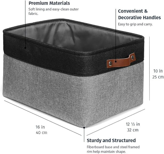 OrganiHaus Extra Large Fabric Storage Baskets for Shelves 3 Pack, 16x13in Closet Storage Bins, Canvas Baskets for Organizing, Linen Closet Organizers, Cloth Basket, Gray/Black