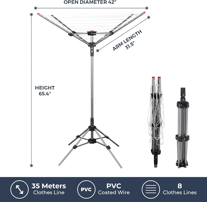 STO STO Portable Umbrella Clothesline, 82 Feet Rotary Drying Rack with Adjustable Height, Freestanding Laundry Line for Backyard, Patio, Balcony & Camping, Easy Setup with Carry Bag, No Tools Required